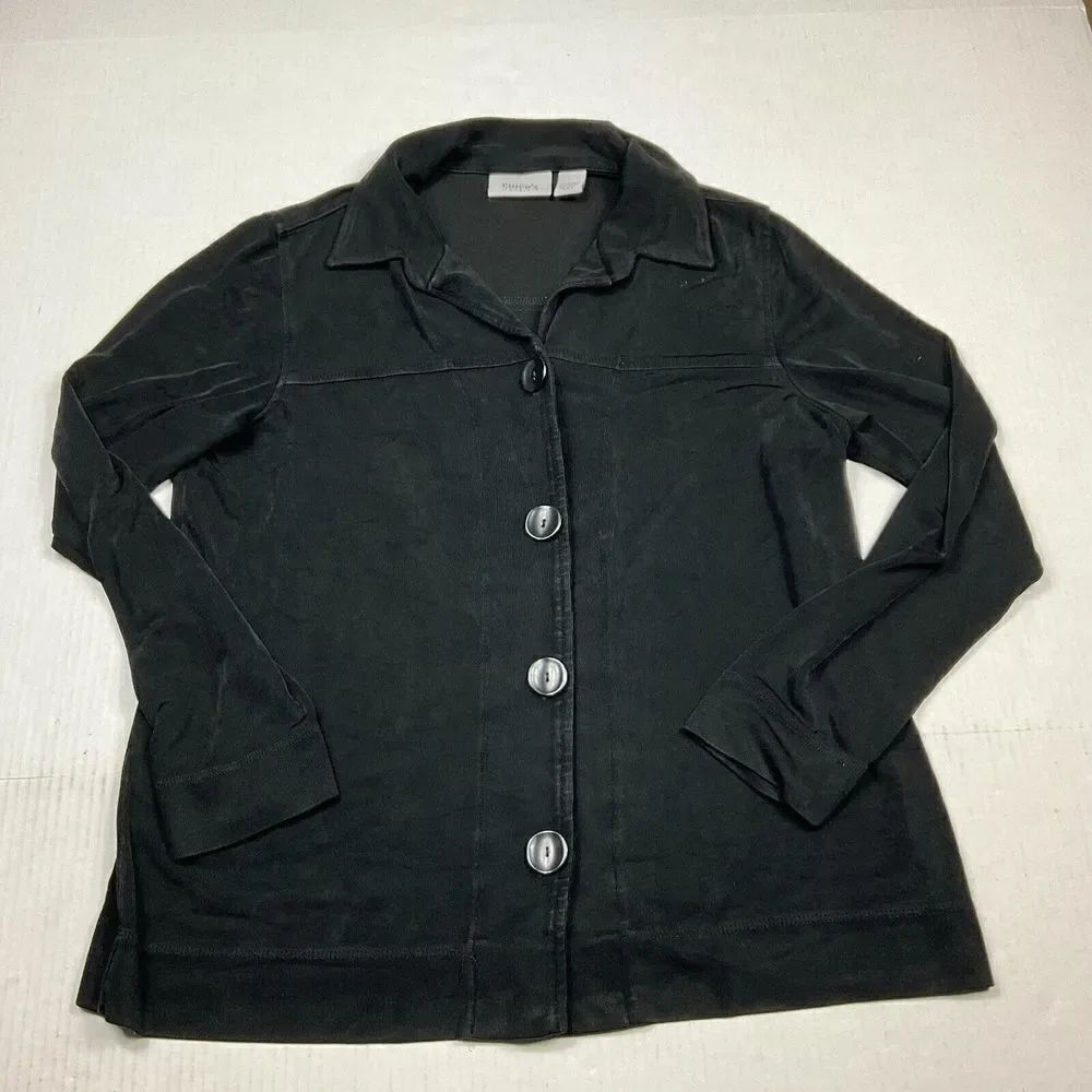 Chicos Travelers Cardigan Jacket Black Long Sleeve Button Front Stretch 1 Medium